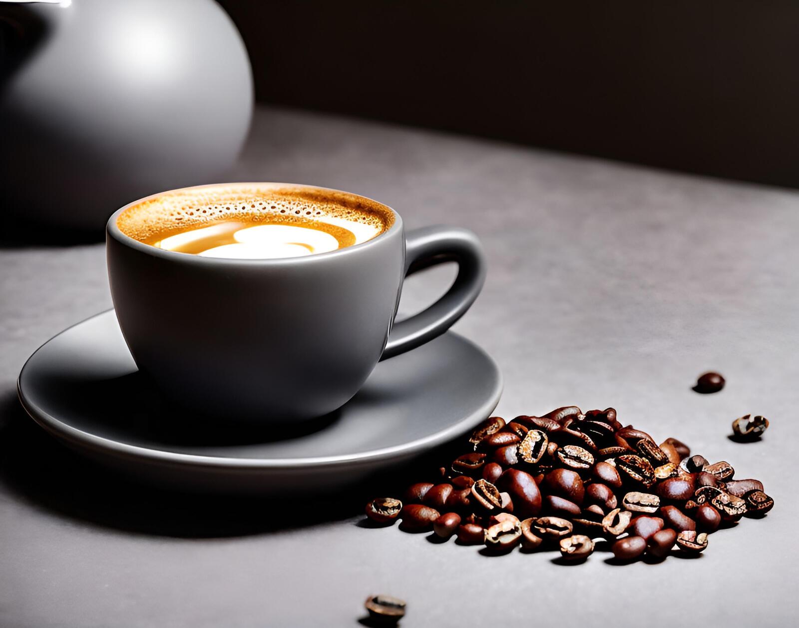 Free photo Cappuccino in a gray cup with grains on the table