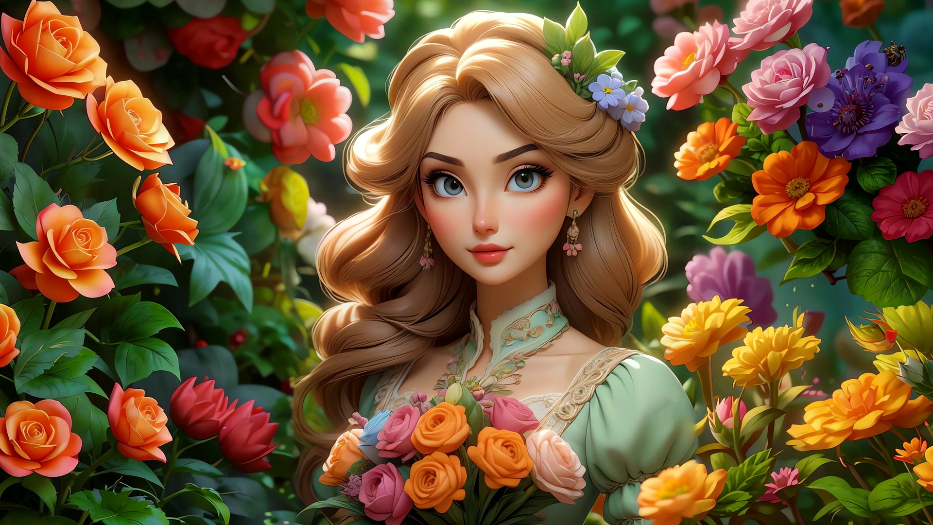 Бесплатное фото Портрет светловолосой девушки и цветы