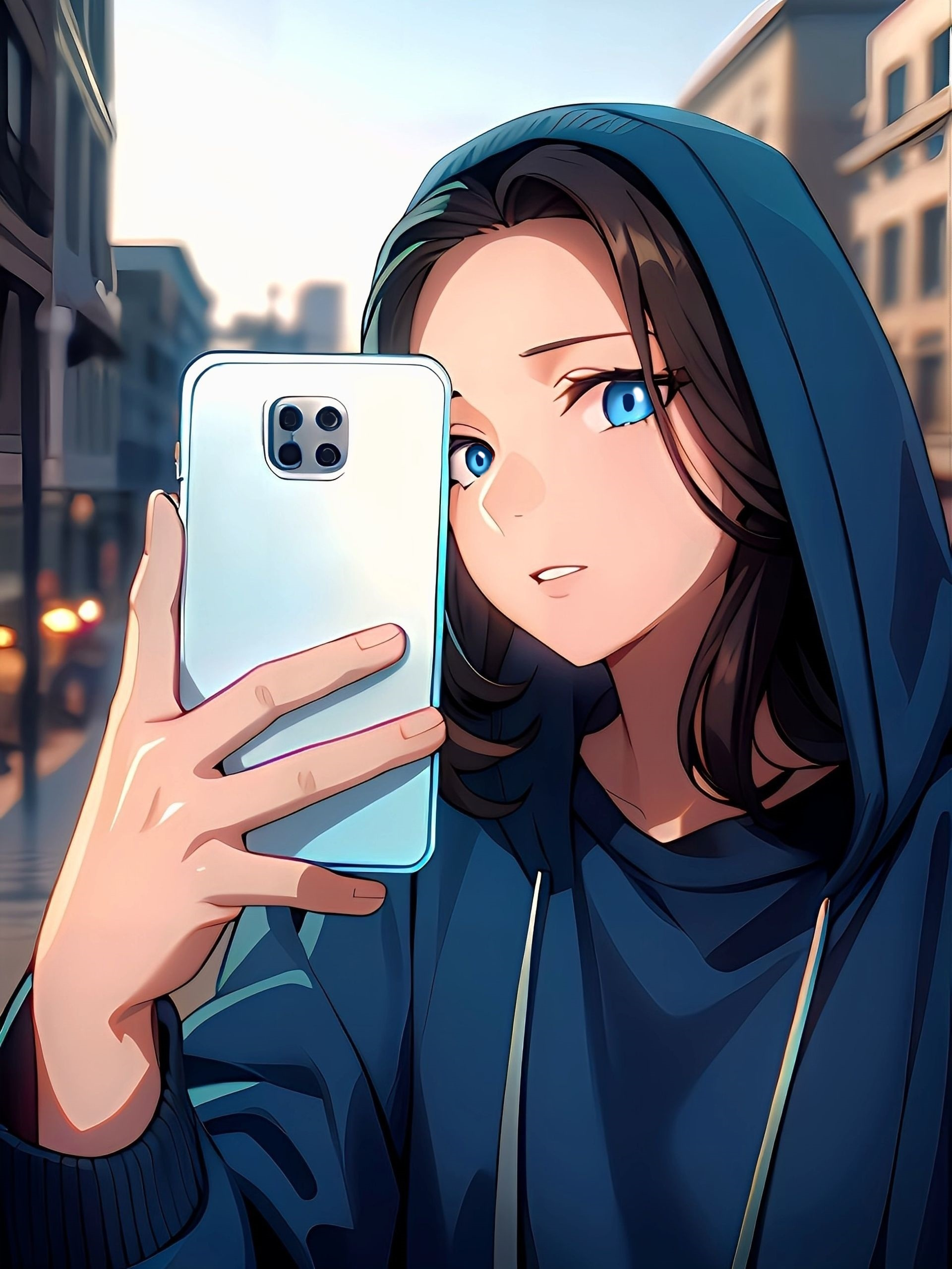 Free photo A girl, wearing a blue hoodie, takes selfies in the background of the street.