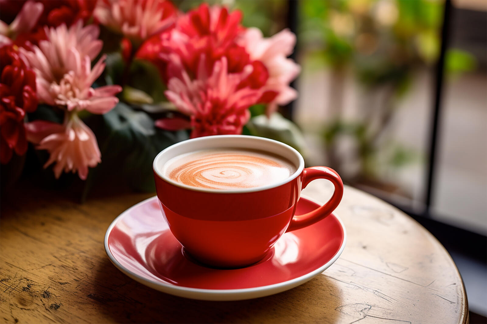 Бесплатное фото Чашка кофе на столе с красным букетом цветов