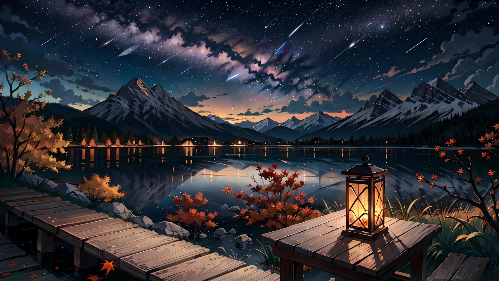 Бесплатное фото Ночной звездопад в горах с озером