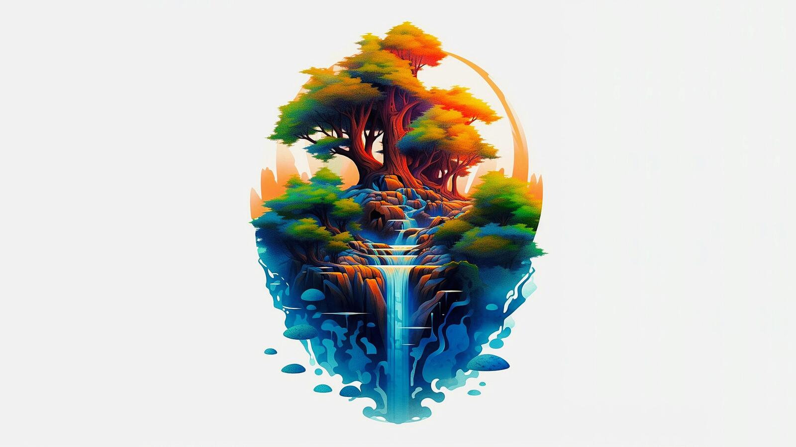 Бесплатное фото Рисунок водопада c деревьями на светлом фоне