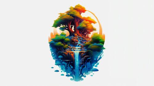 Рисунок водопада c деревьями на светлом фоне