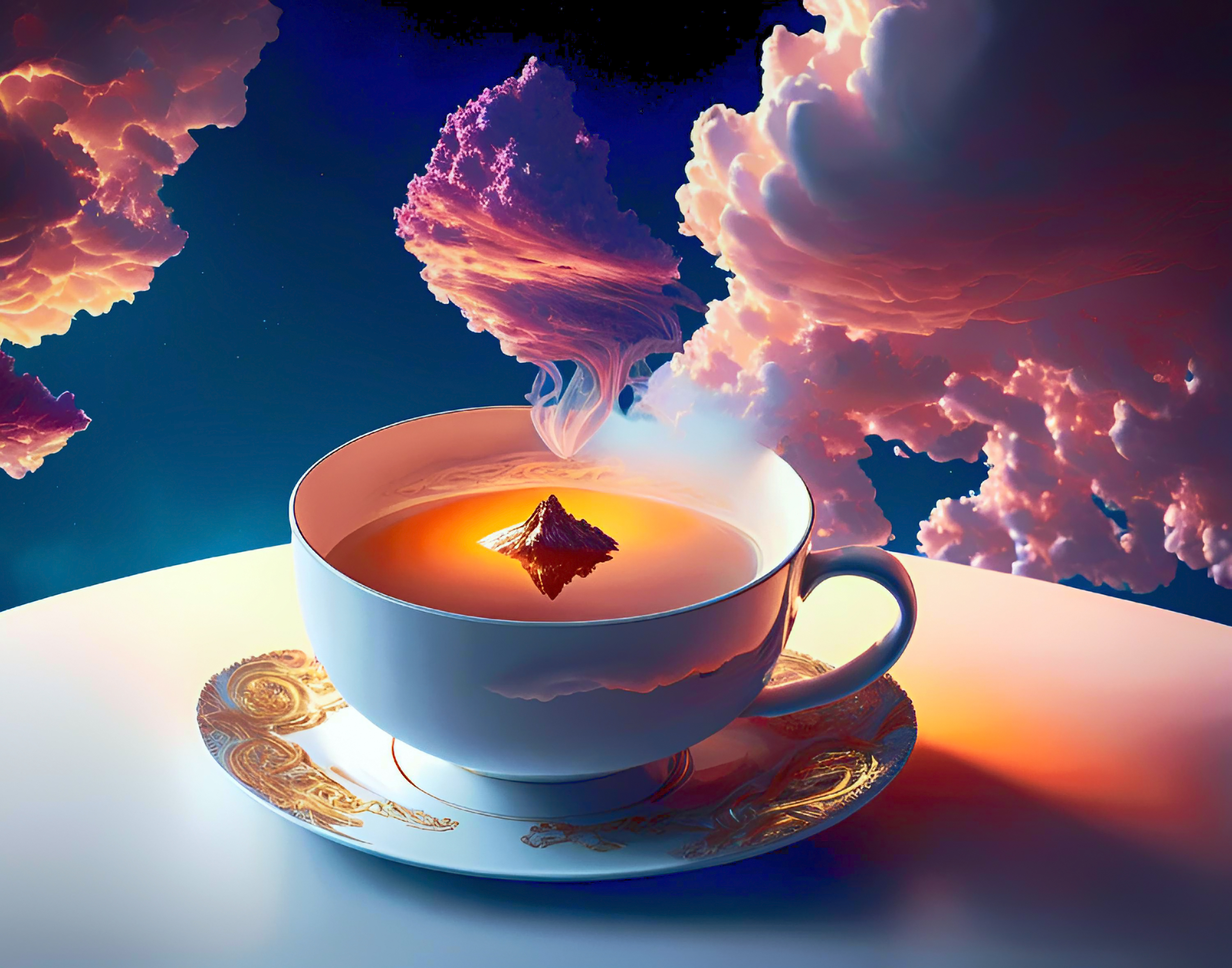 Free photo A cup with clouds inside which you can see a mountain