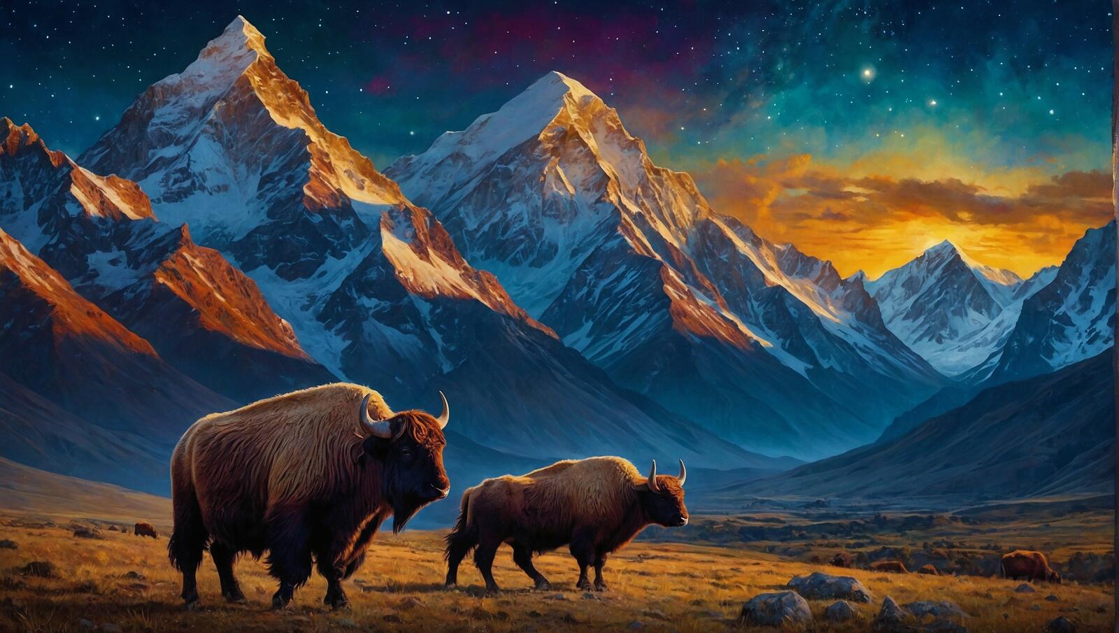 Free photo Two bison against the mountains in the sunset light.