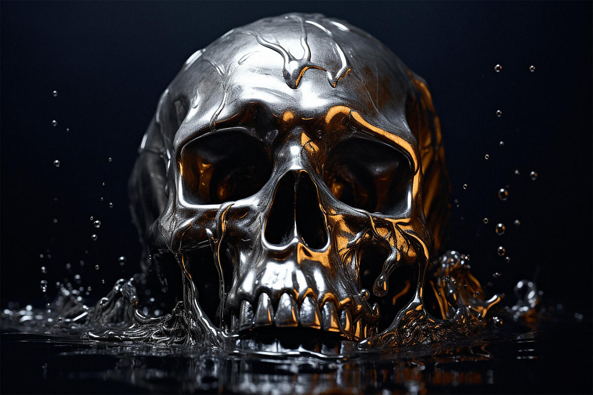 Хромированный железный череп в воде