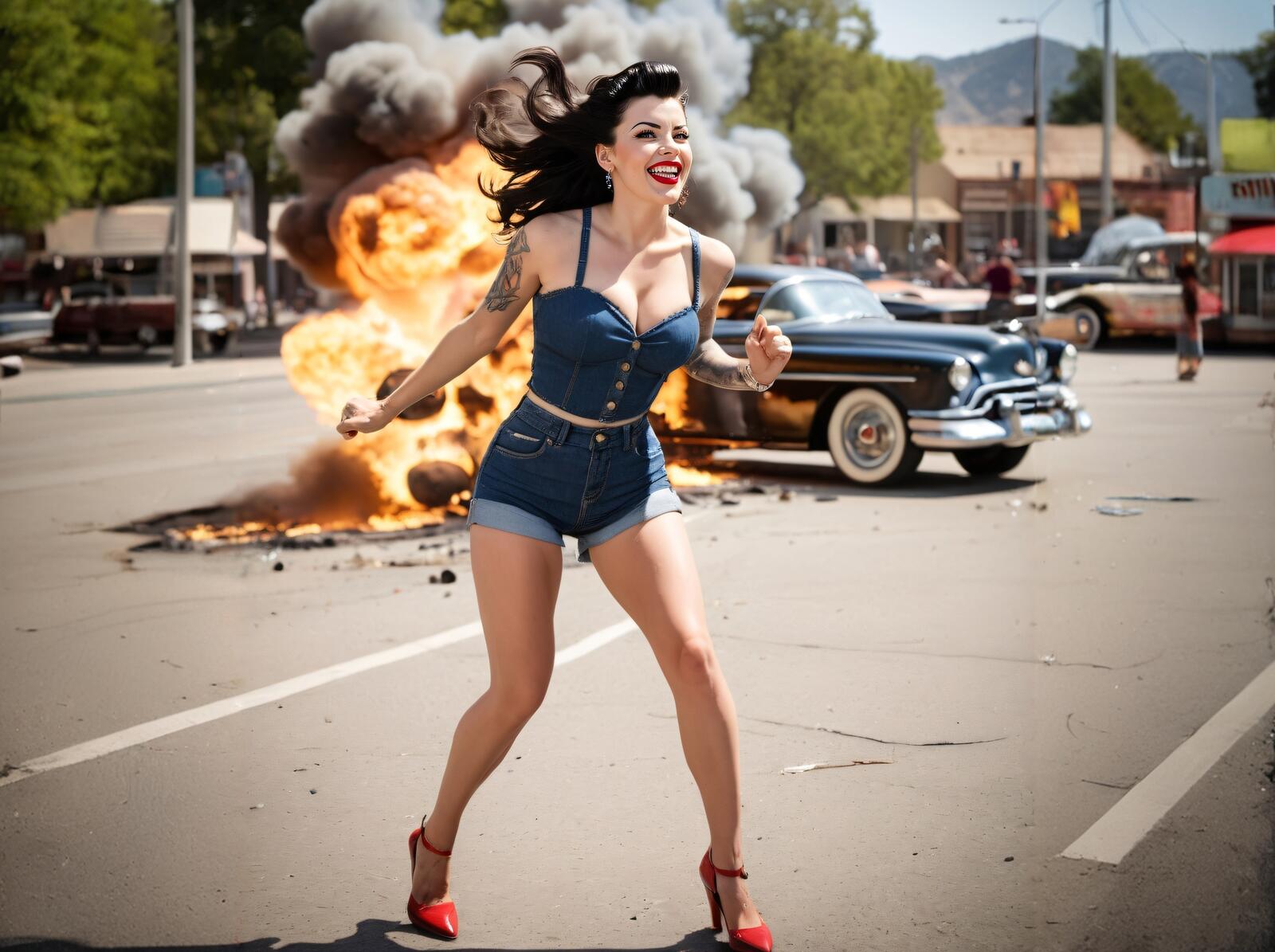 Бесплатное фото Девушка и взрыв авто