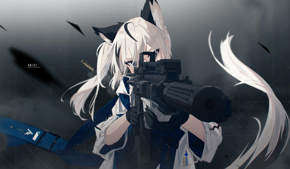 Anime girl with animal ears with an automatic rifle