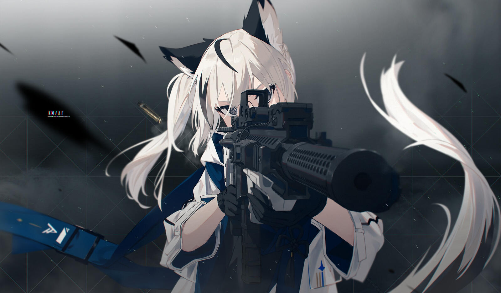 Бесплатное фото Аниме девочка с ушами животного с автоматической винтовкой