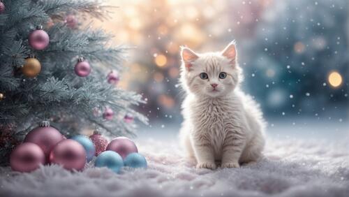 A cat sits next to a Christmas tree