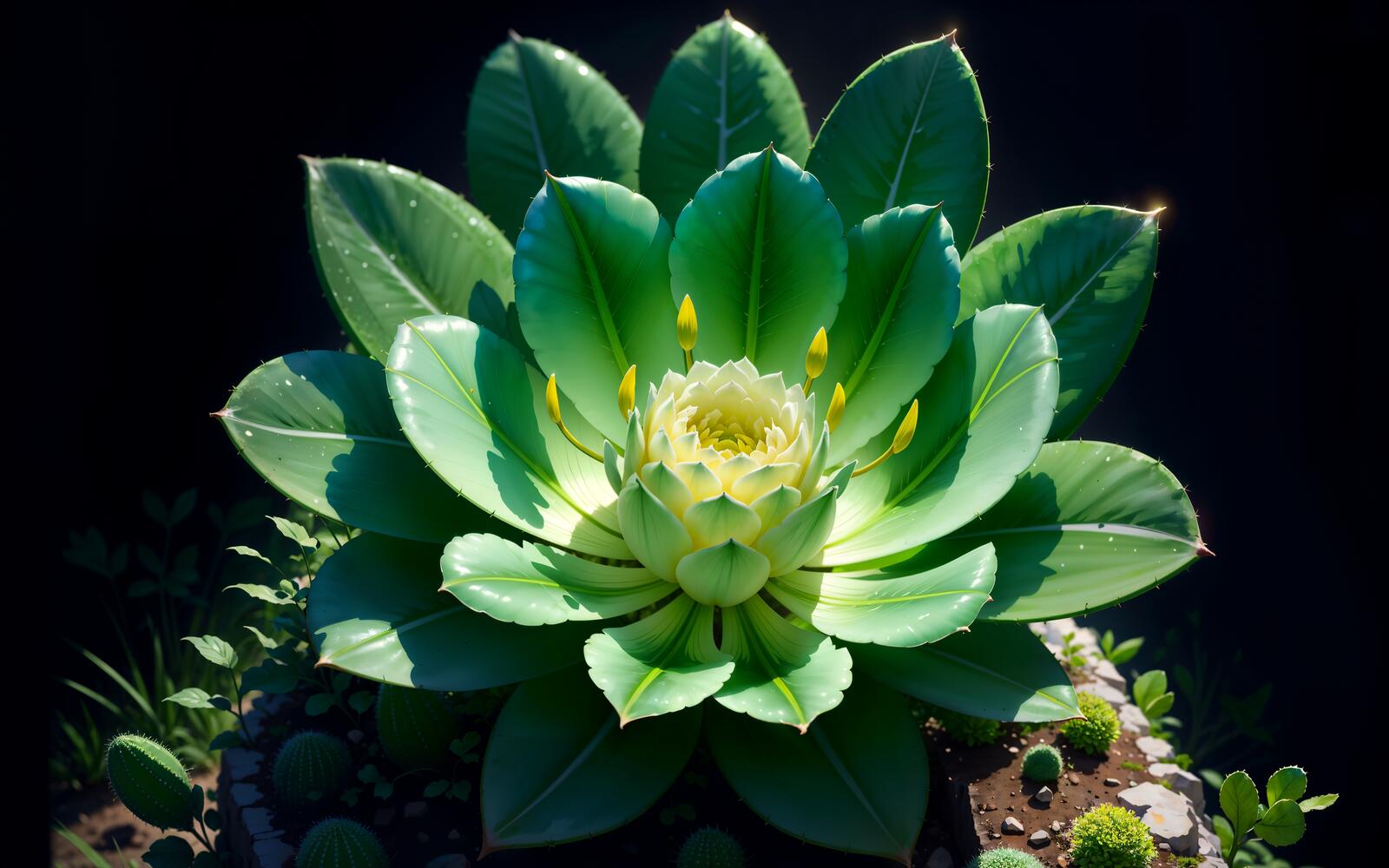 Free photo Beautiful large green stonecrop and small cactus