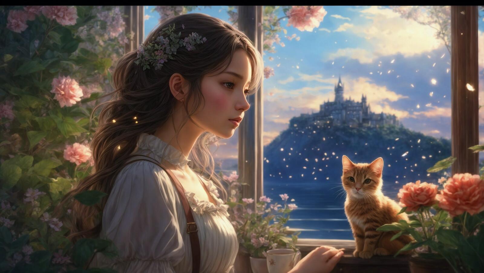 Бесплатное фото Молодая женщина держит кошку возле цветов