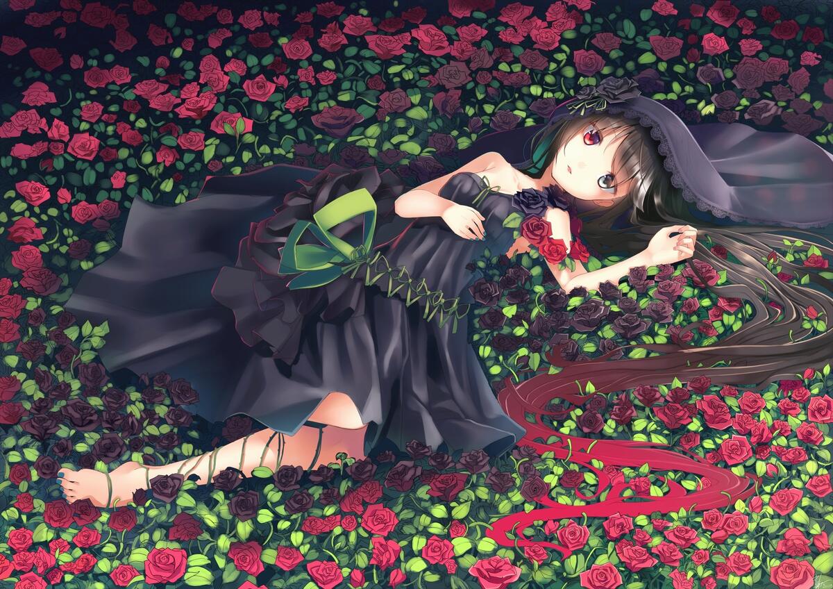 Аниме девочка лежит на в черном платье на поле с красными розами