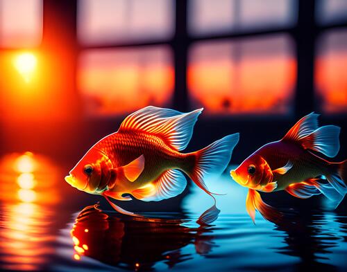 Две красивых золотых рыбки плавают в аквариуме