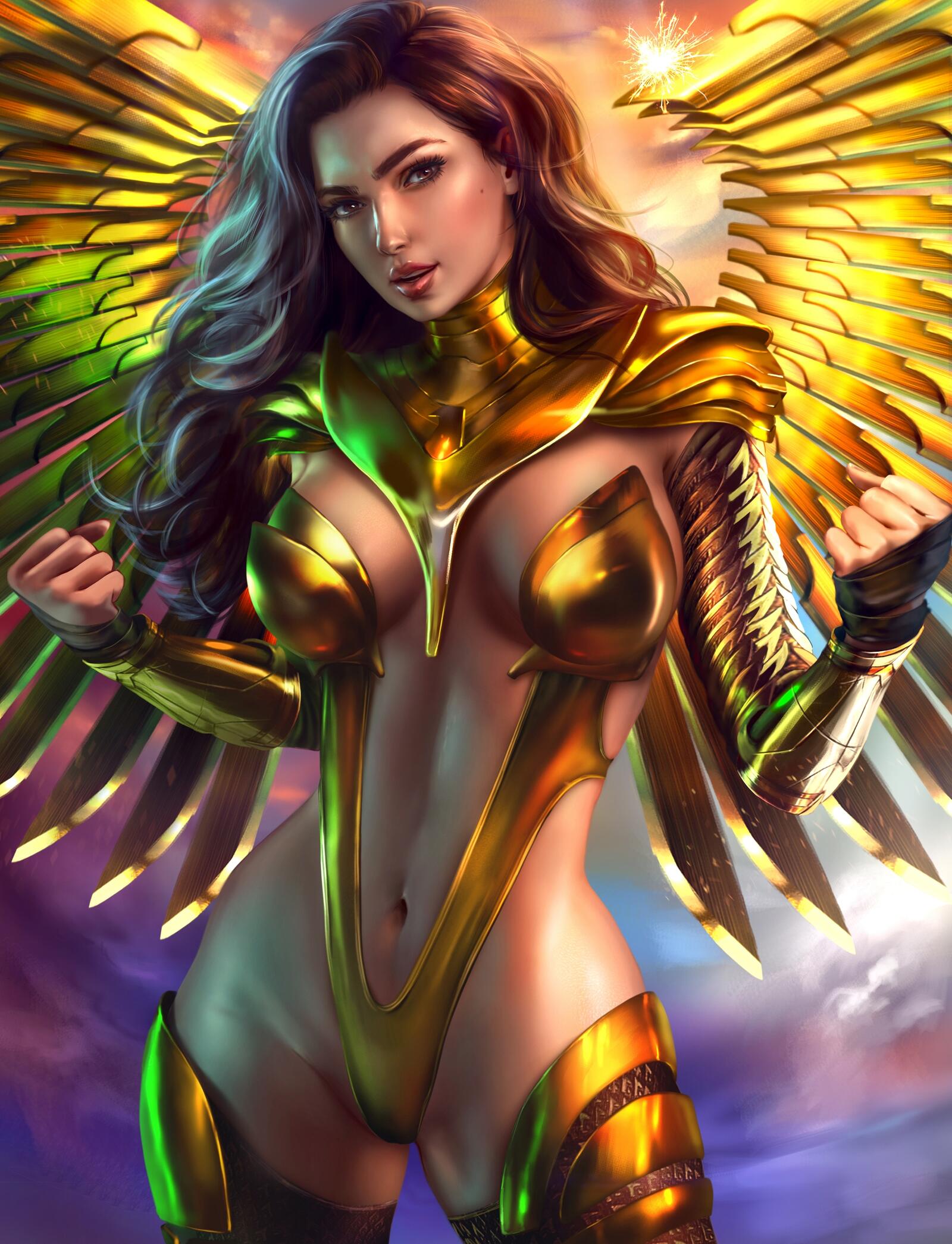 Бесплатное фото Чудо-женщина в золотом платье ангела