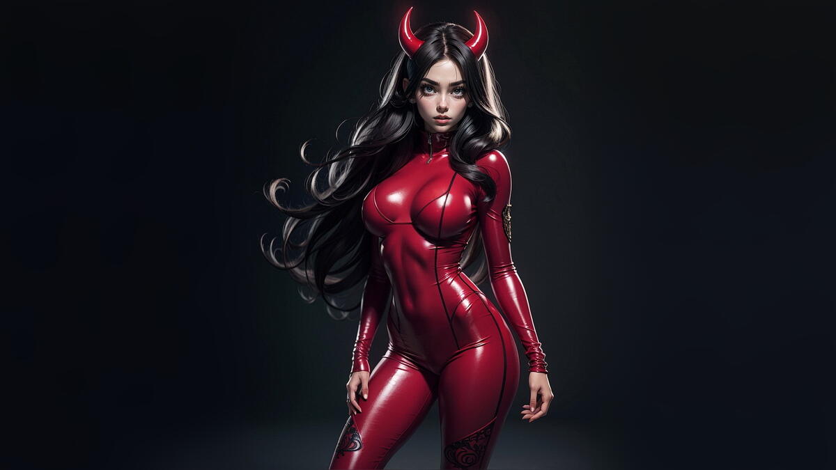 Девушка демон с черными волосами и красном костюме на темном фоне