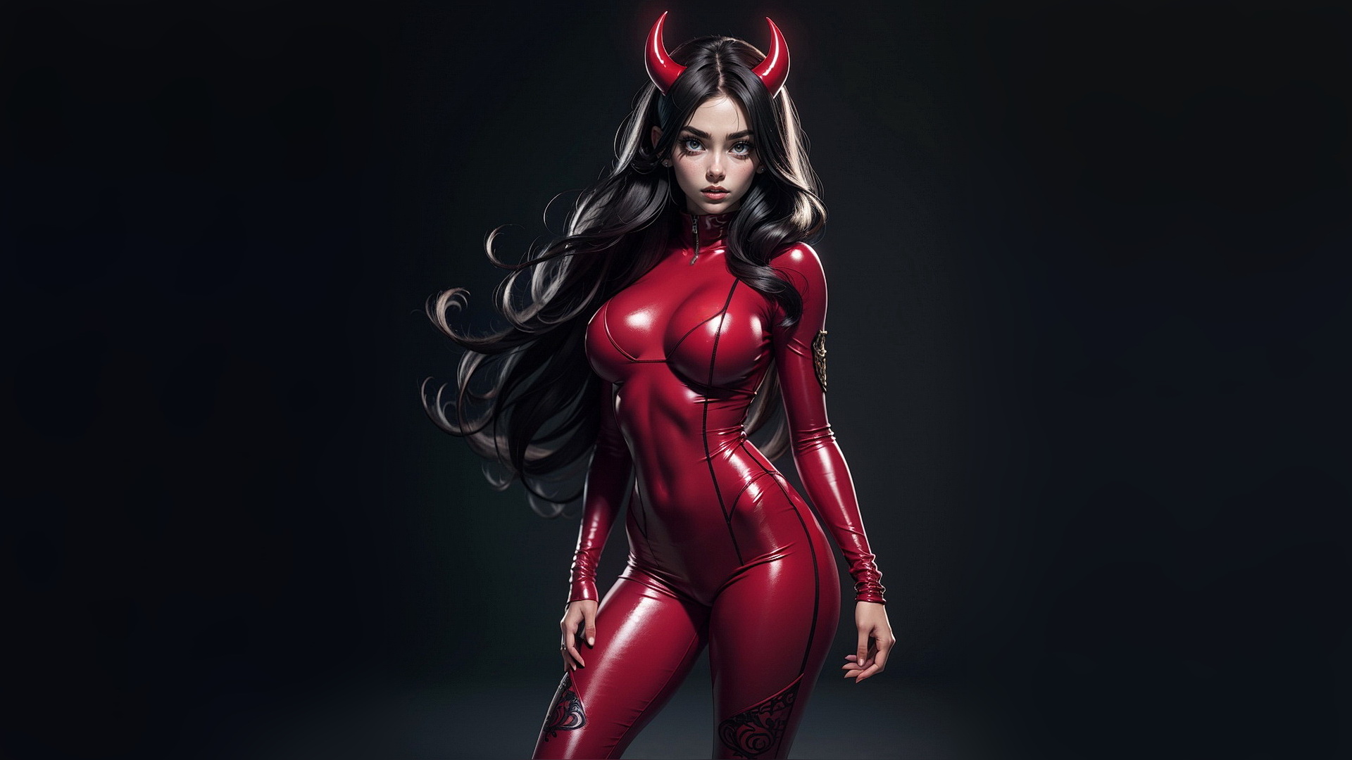 Бесплатное фото Девушка демон с черными волосами и красном костюме на темном фоне