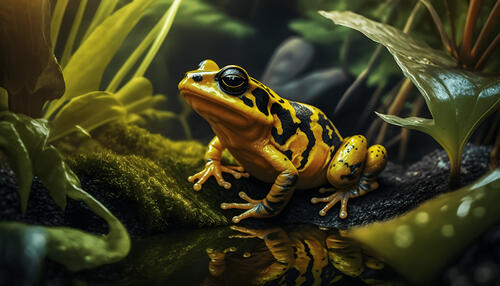 The frog is black and yellow in color.