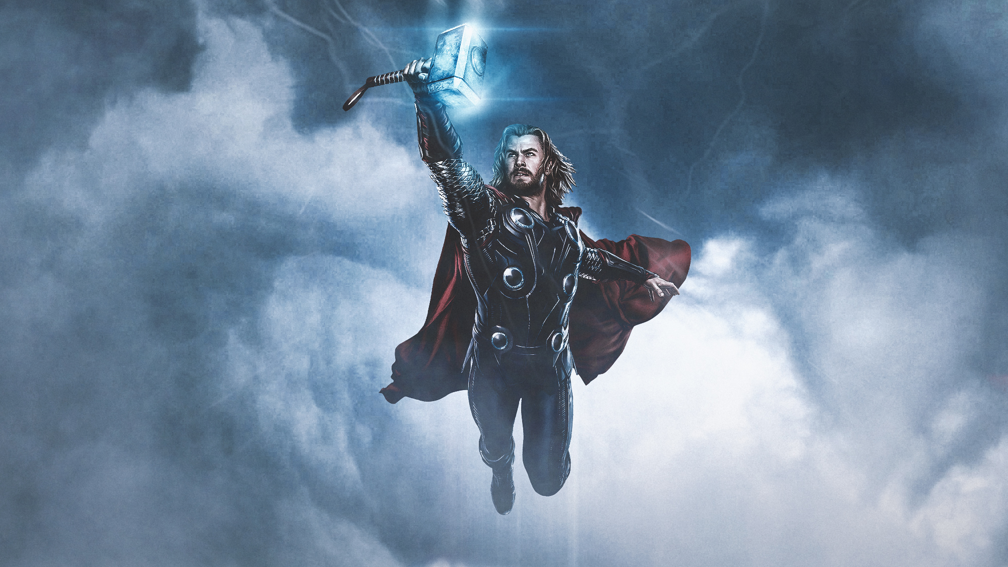 Thor flying into the clouds