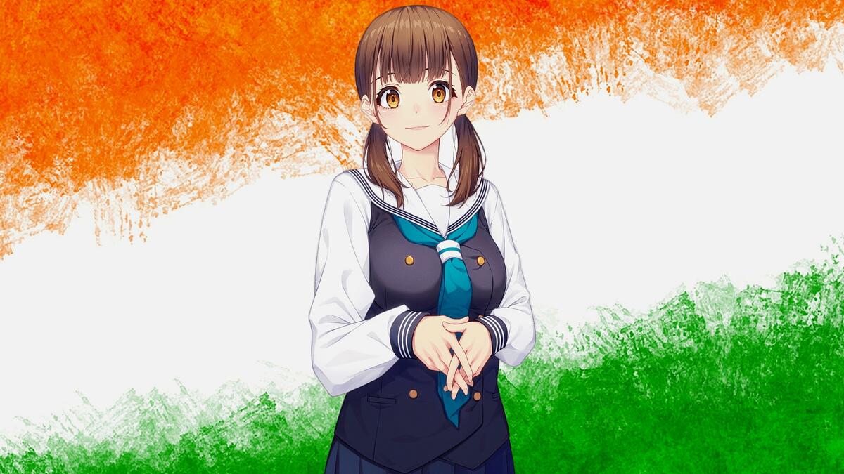 Drawing of a brown-haired girl standing on a tricolor background