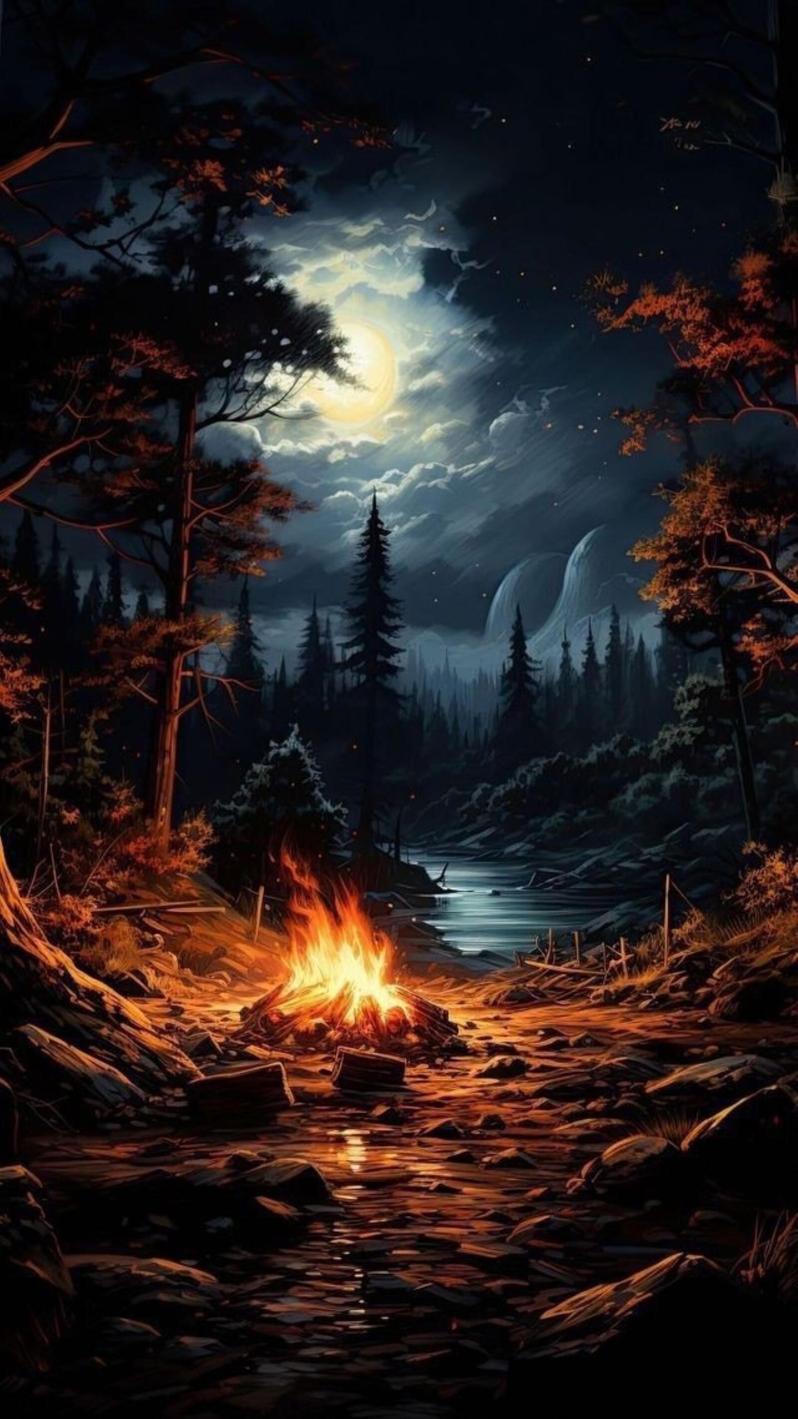 Бесплатное фото Костёр в ночном лесу