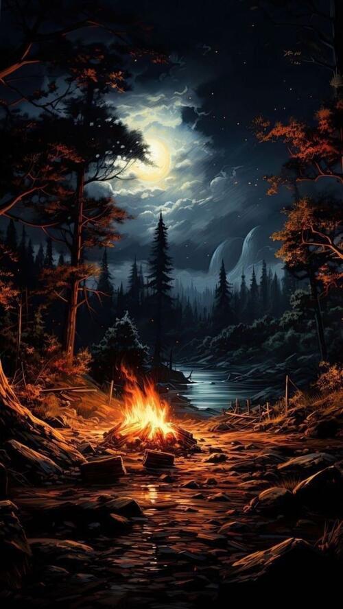 A bonfire in the forest at night