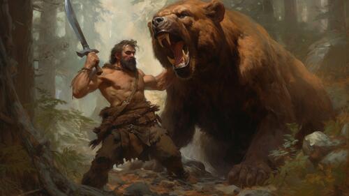 A warrior with a sword holds back a ferocious bear