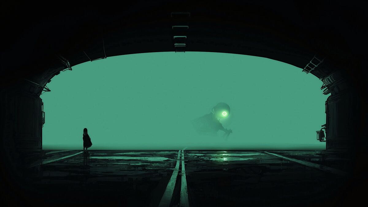Обои Девочка стоит у выхода из туннеля, там в тумане космический корабль-захватчик