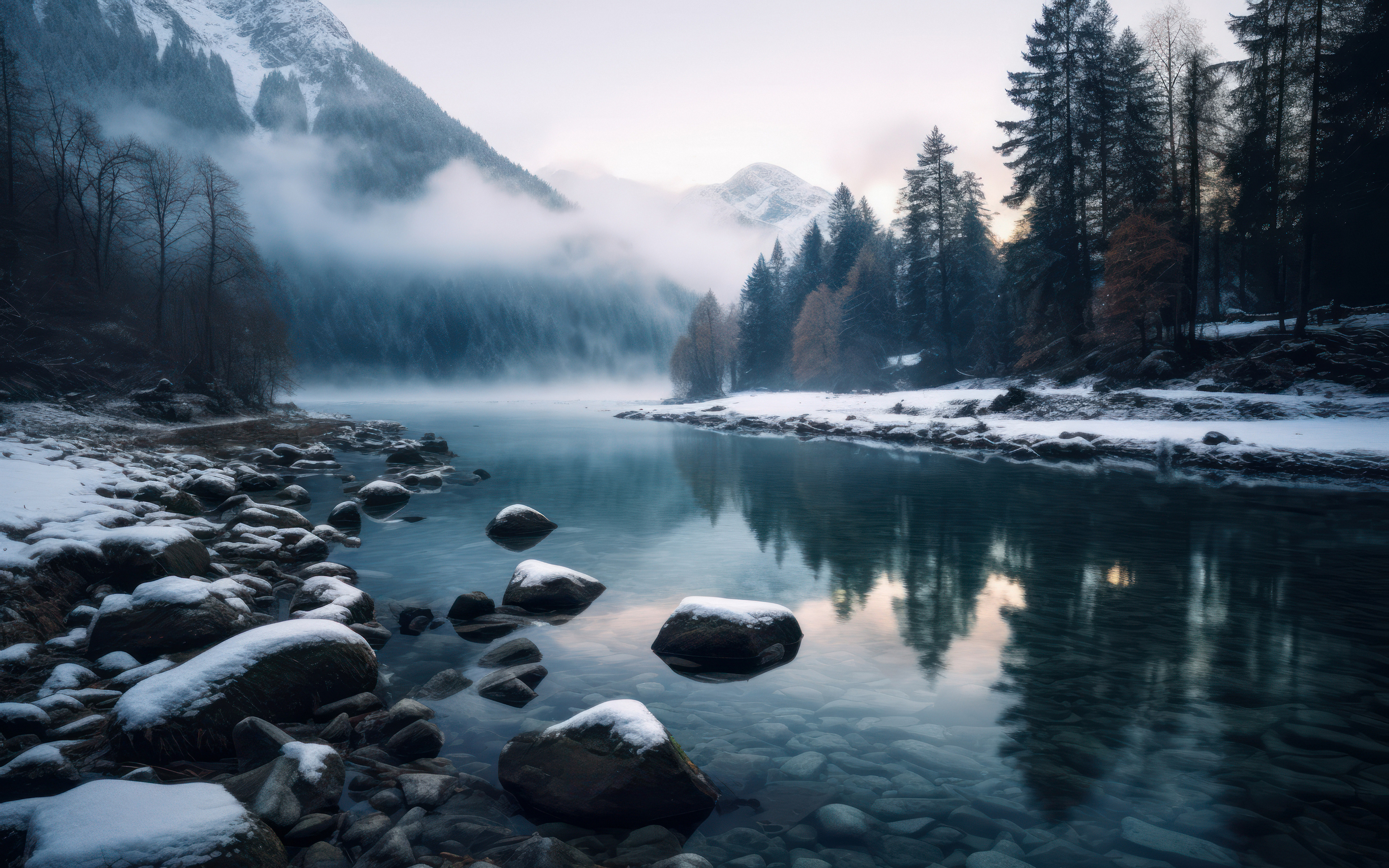 Бесплатное фото Невероятный пейзаж со снежными берегами у реки