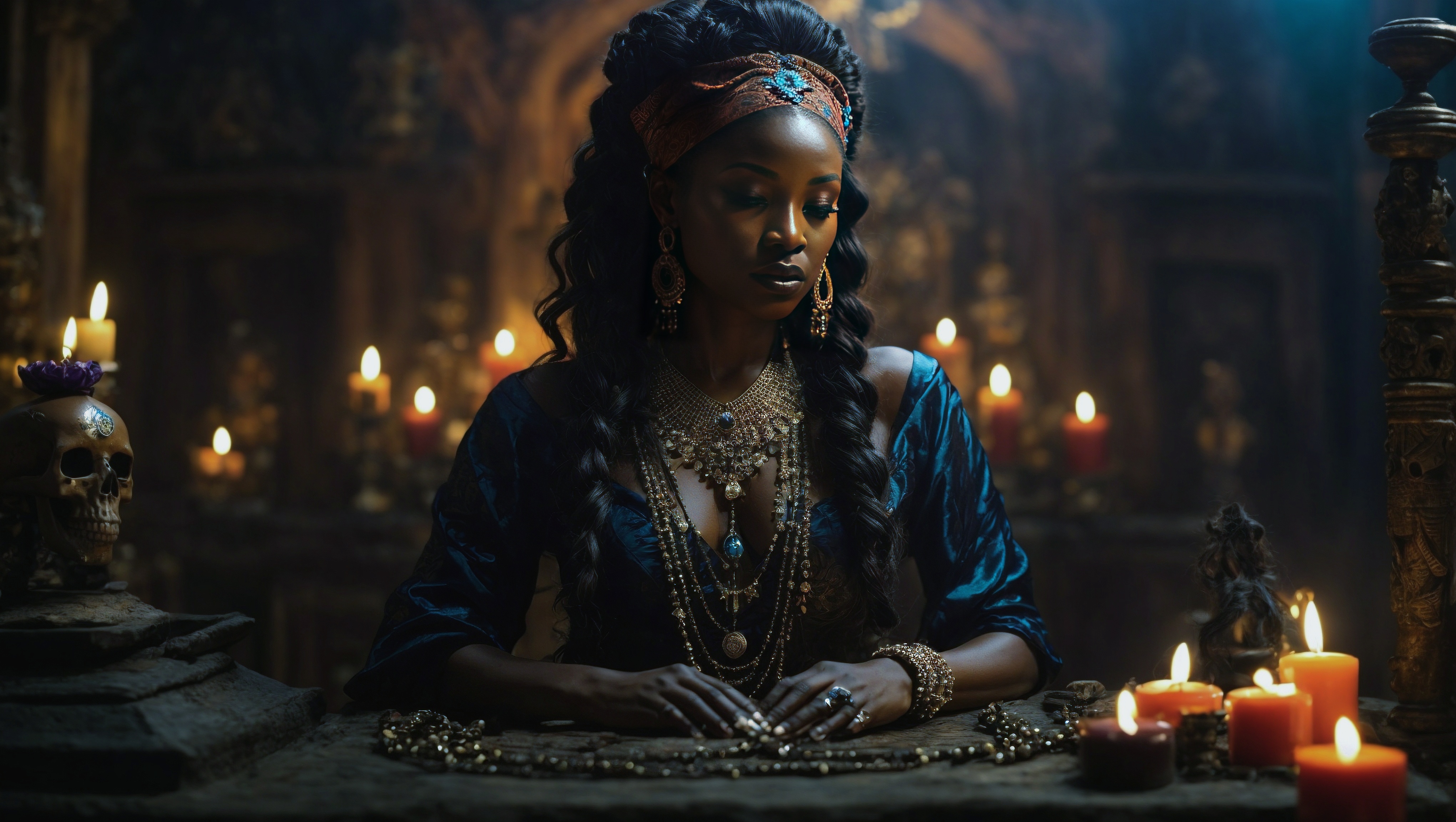 免费照片一位身着文艺复兴时期服饰、头戴皇冠的女士坐在点着蜡烛的桌旁