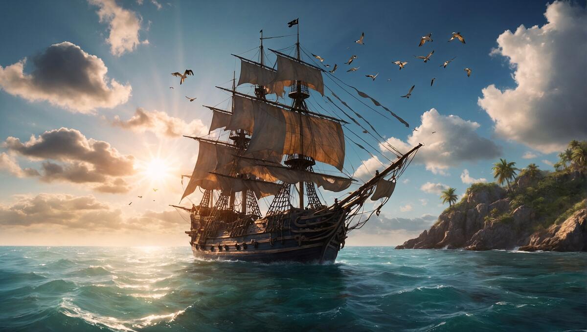 Пиратский корабль в океане, над которым летают птицы.