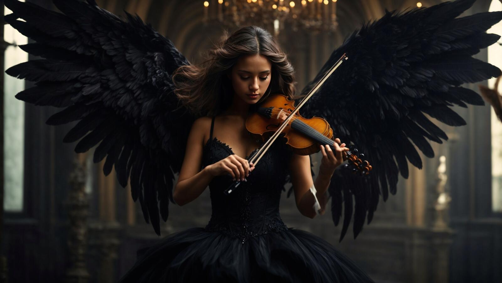 Free photo A woman with a violin and wings, standing.