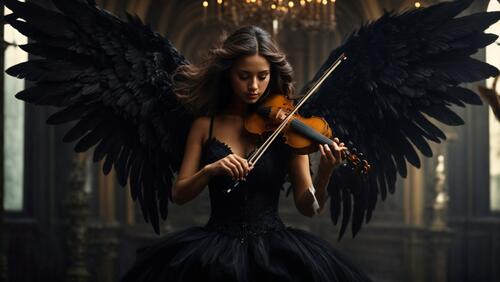 Женщина со скрипкой и крыльями, стоит