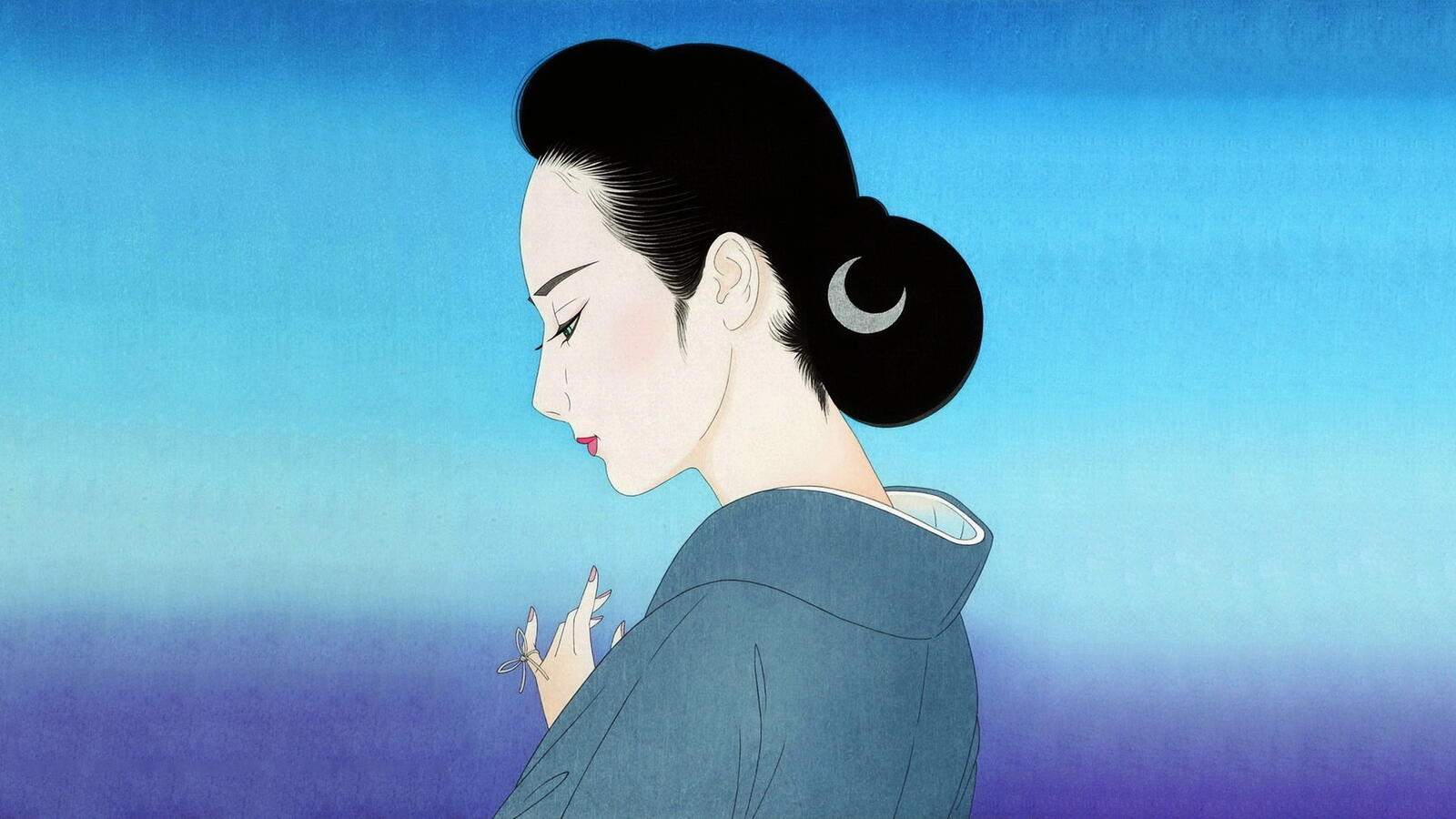 Бесплатное фото Японская девушка на голубом фоне