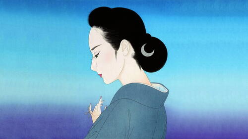 蓝色背景上的日本女孩