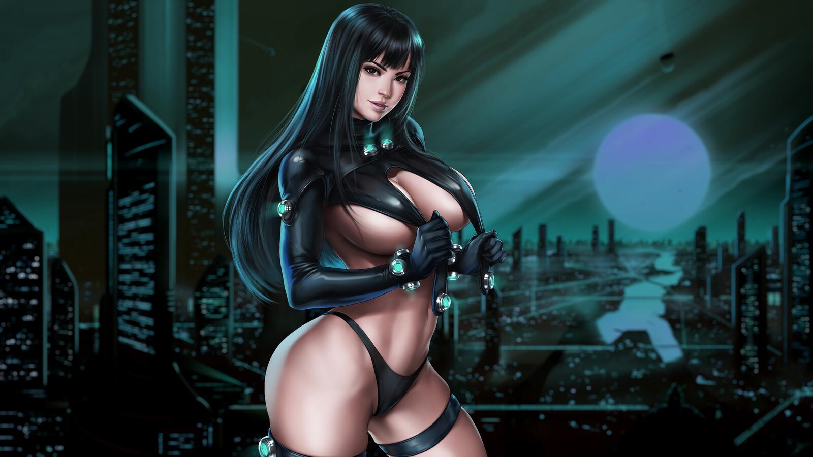Free photo Drawing of a girl with long hair in erotic black lingerie against a city background