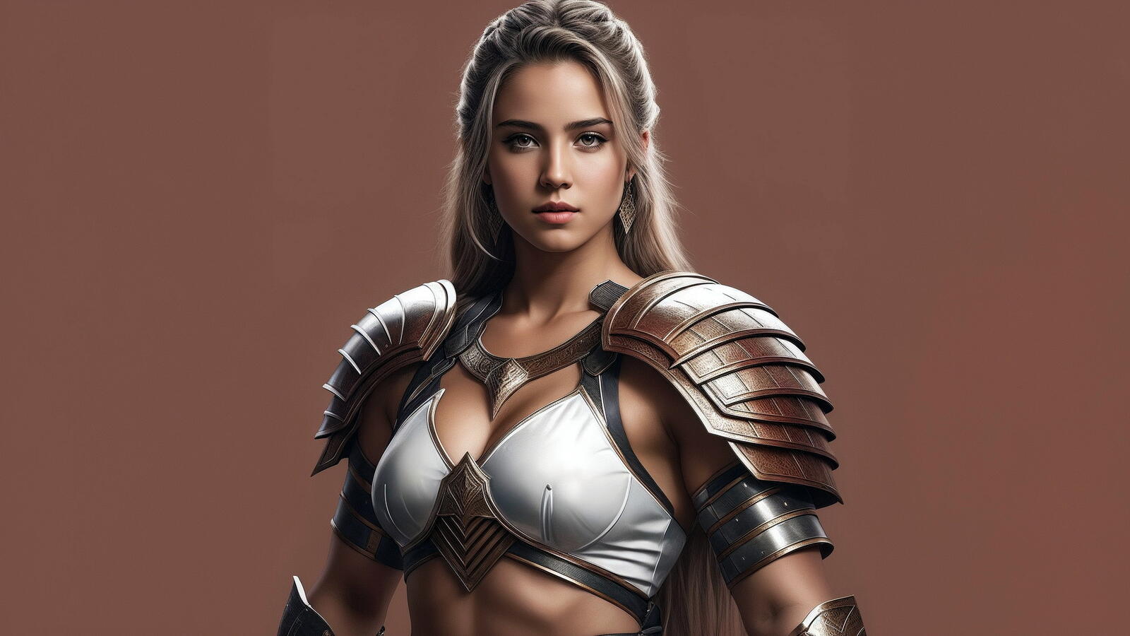 Free photo Girl warrior in light armor on coffee background