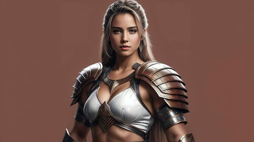 Girl warrior in light armor on coffee background