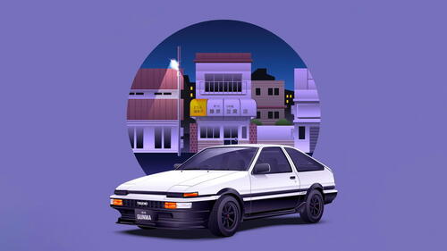 A city and a car on a lilac background