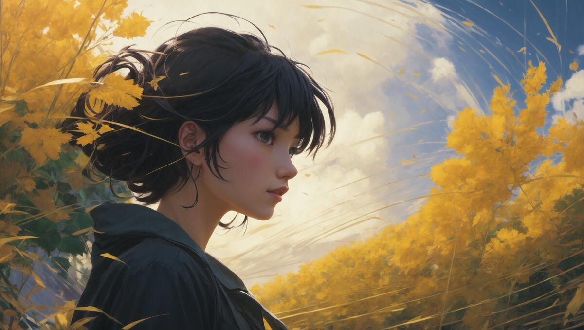 一个女人的头发在风中飘动。