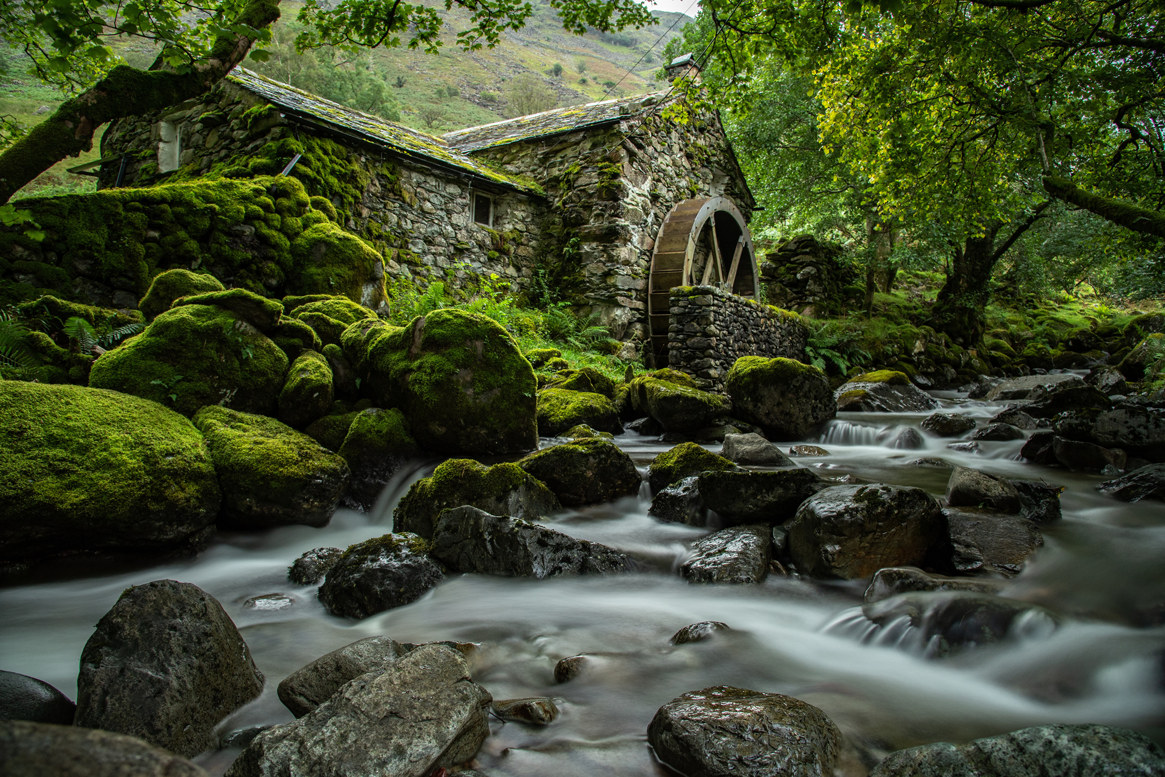 Бесплатное фото Заброшенная водяная мельница покрытая зеленым мхом в Англии