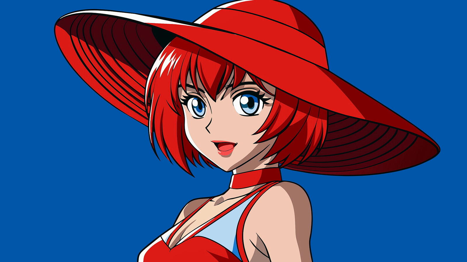 Бесплатное фото Рисунок девушки в красной шляпе на синем фоне