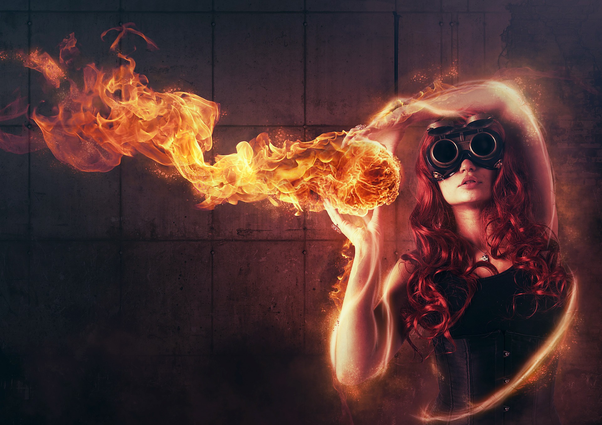 Rendering of a picture of a girl with fire in her hands