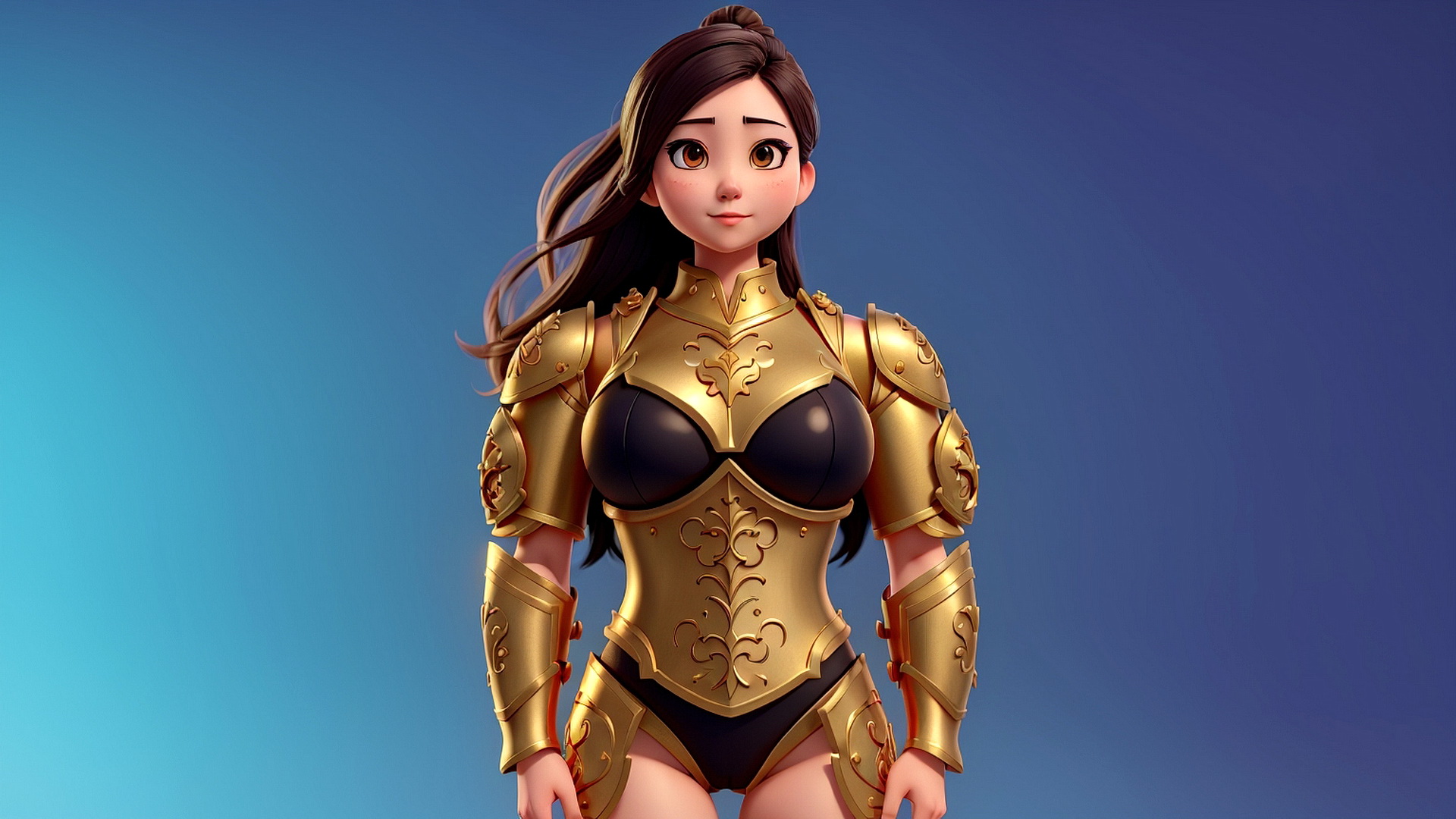 身着金色盔甲的女战士站在蓝色背景上