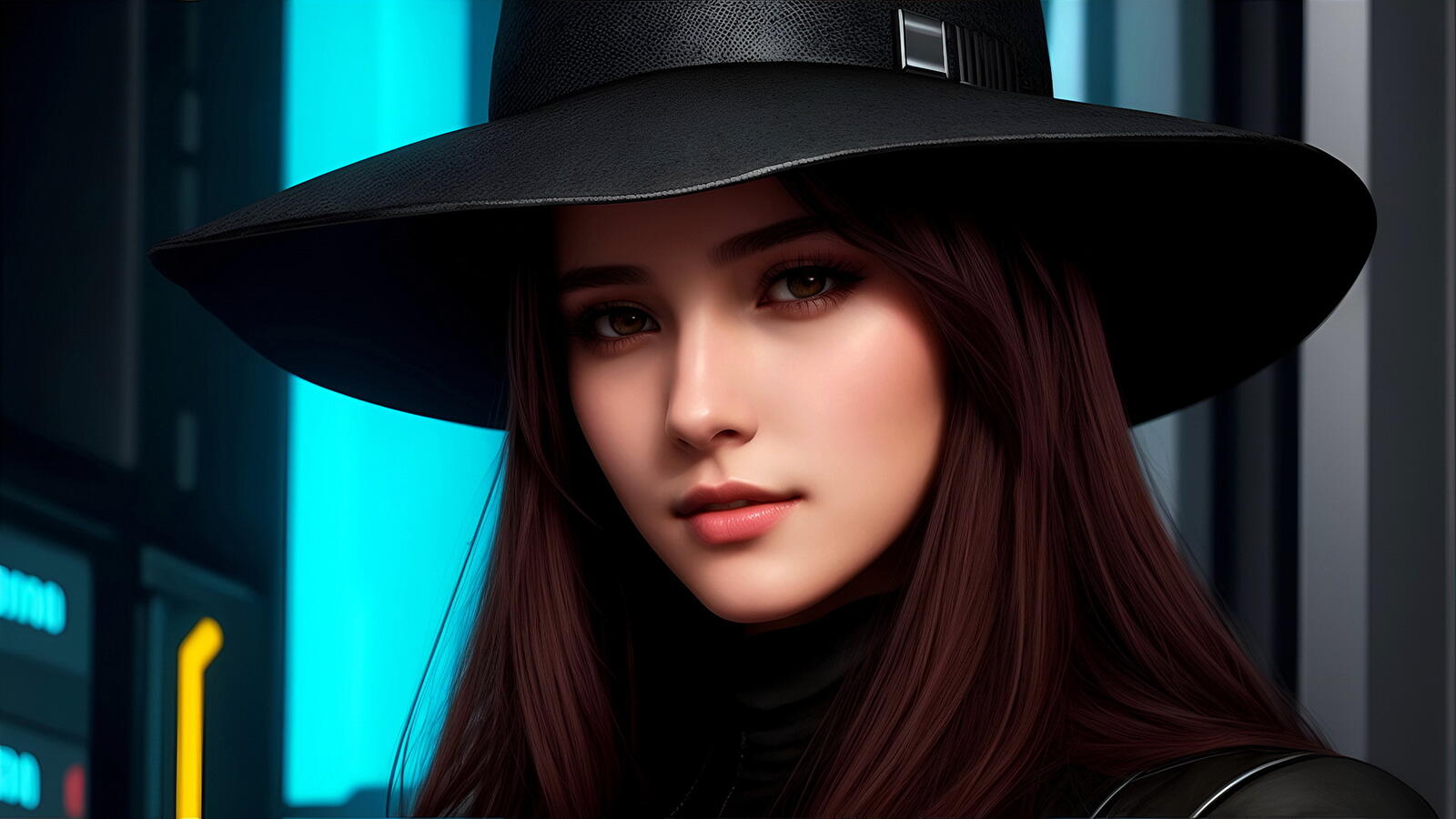 Бесплатное фото Портрет девушки в черной шляпе на фоне ночного города