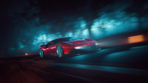 Красная Ferrari P80 C едет по ночной дороге на большой скорости