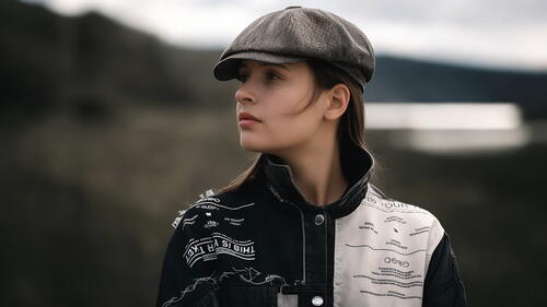 Model Angelina Peshkova in a cap in nature