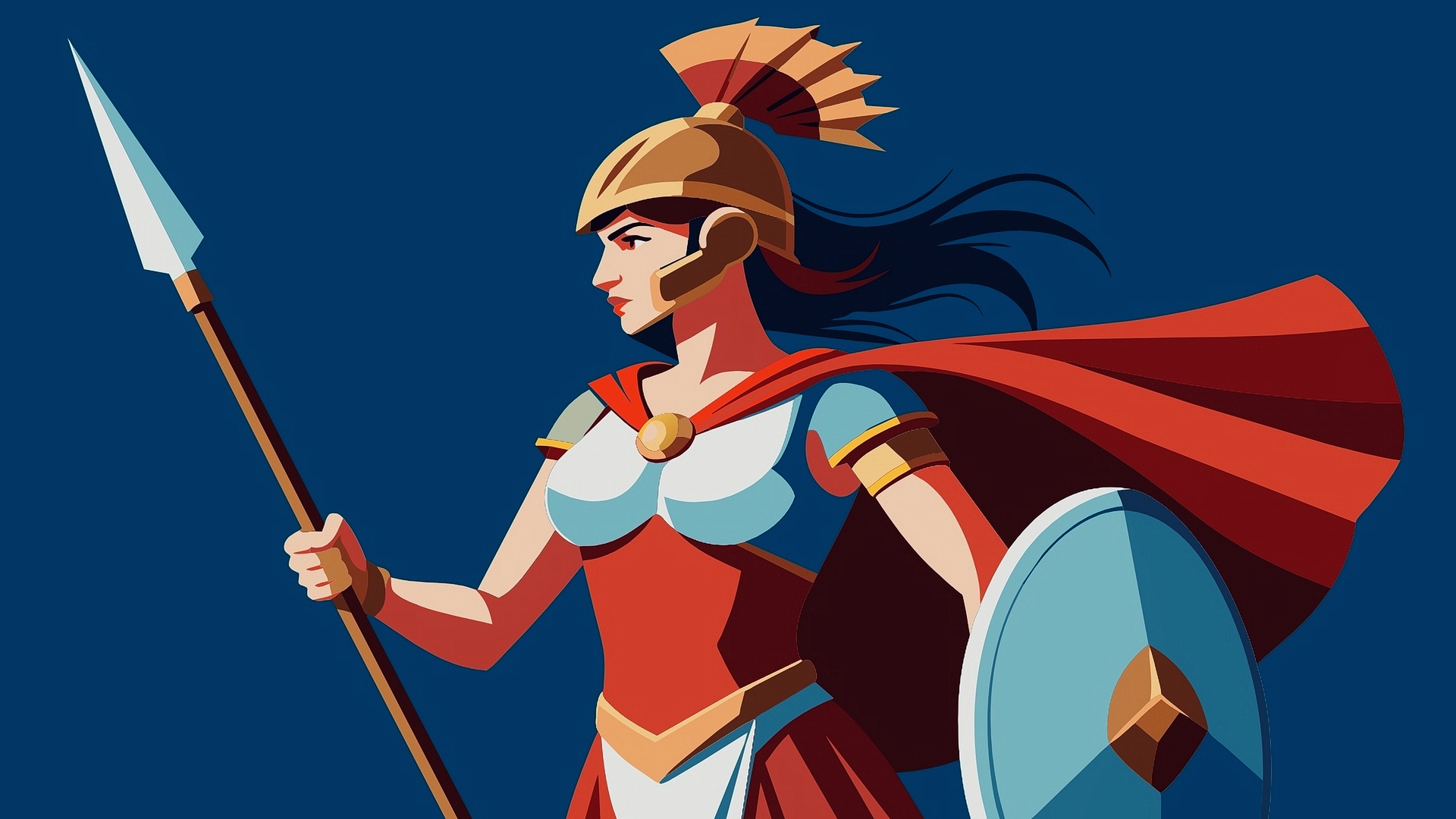 Девушка воин с копьем и щитом на синем фоне
