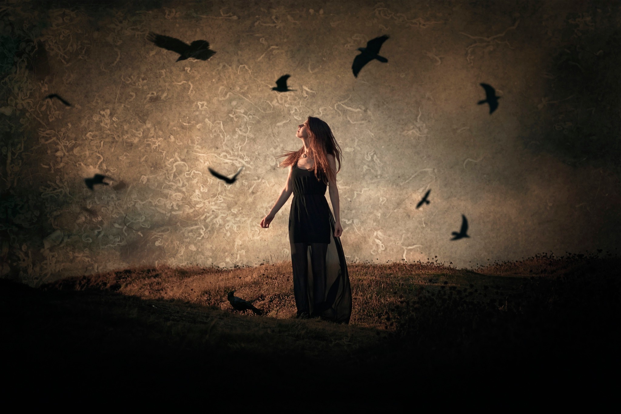 免费照片乌鸦在一个穿黑裙子的女孩上空盘旋。