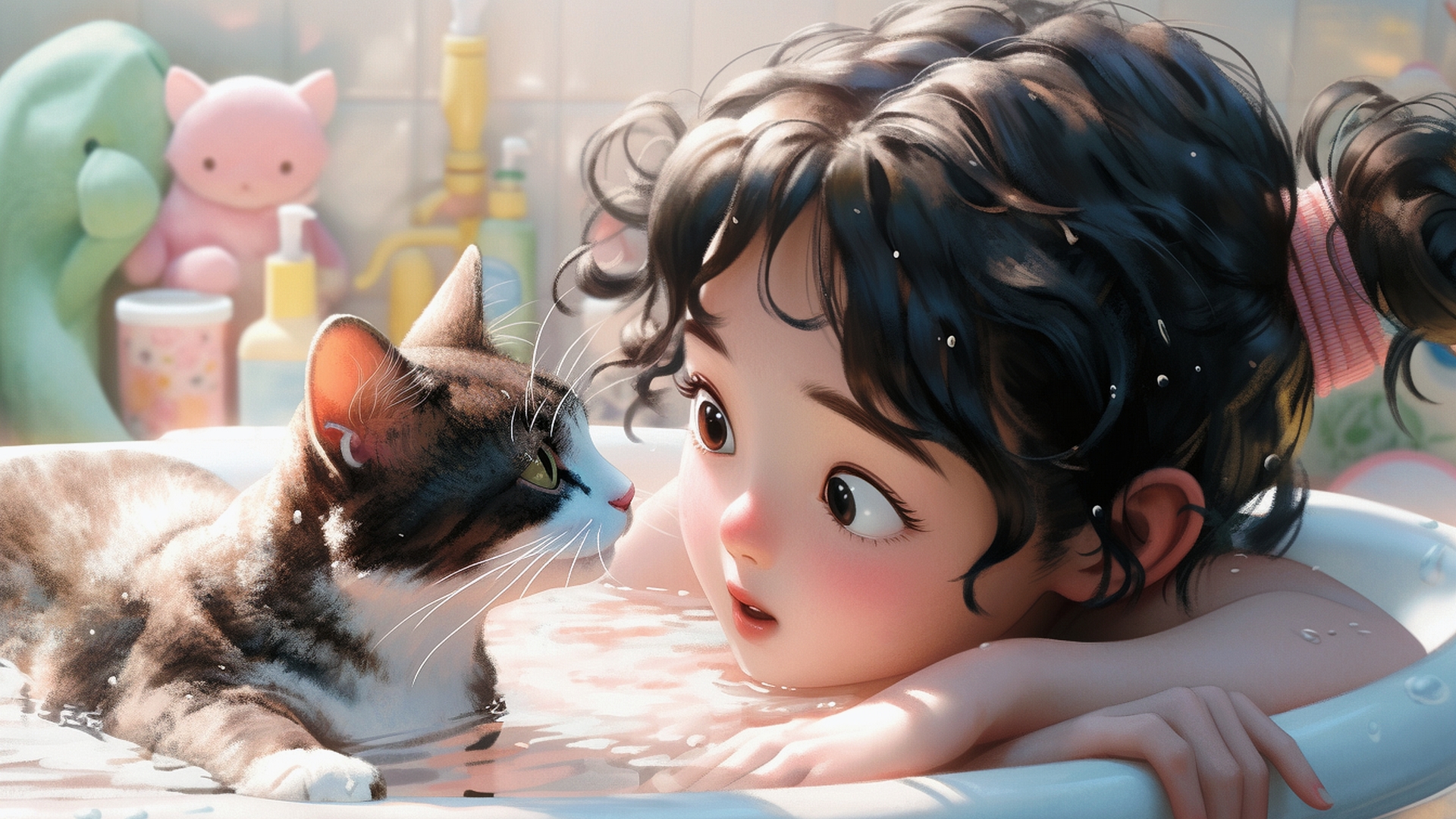 一幅女孩和猫在浴缸里的图画